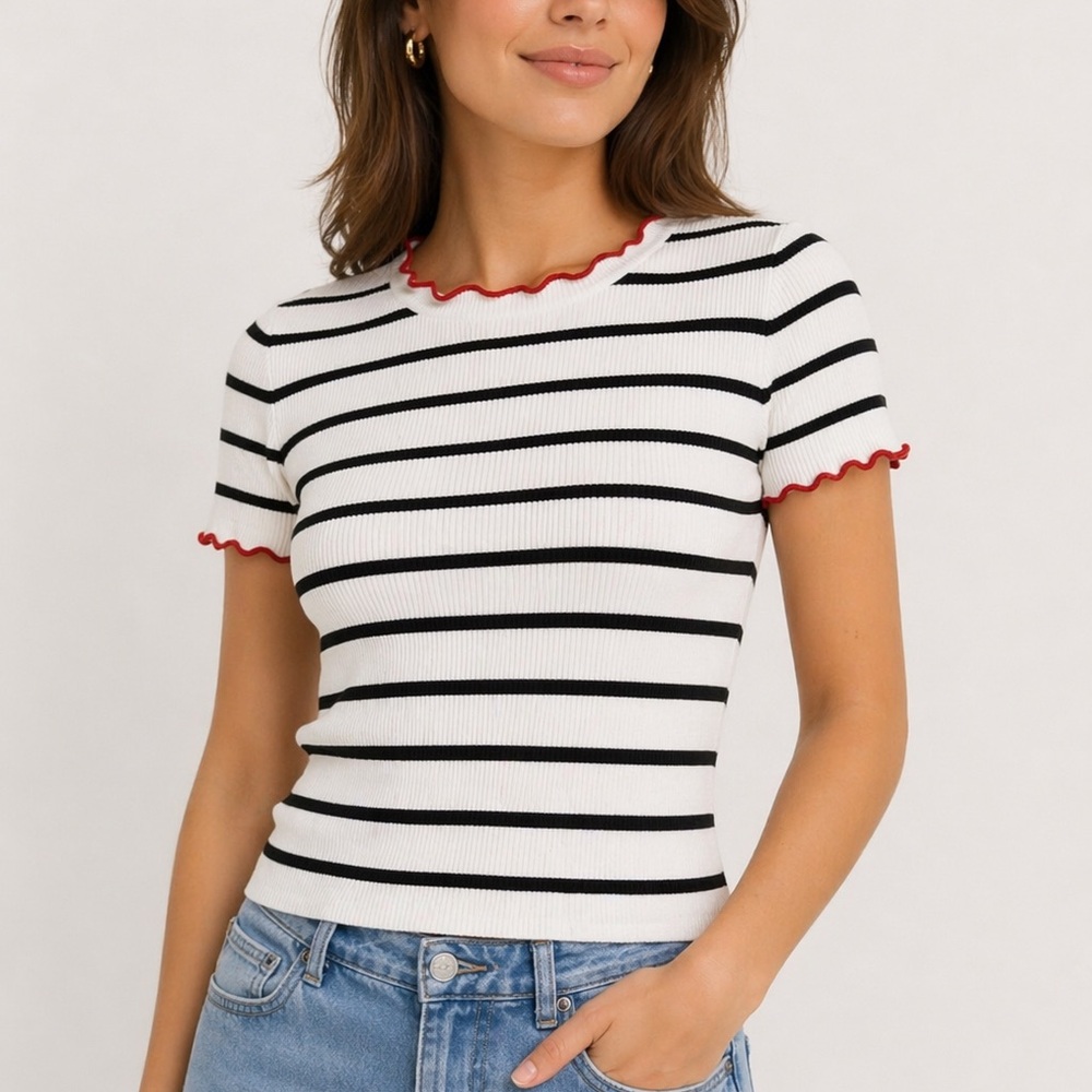 Zara Black and White Striped Knit Tee with Red Trim size Small